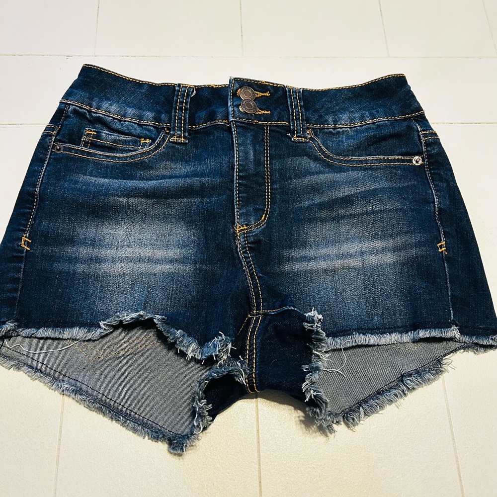 Mudd Dark Blue Frayed Jean Shorts Double Button
